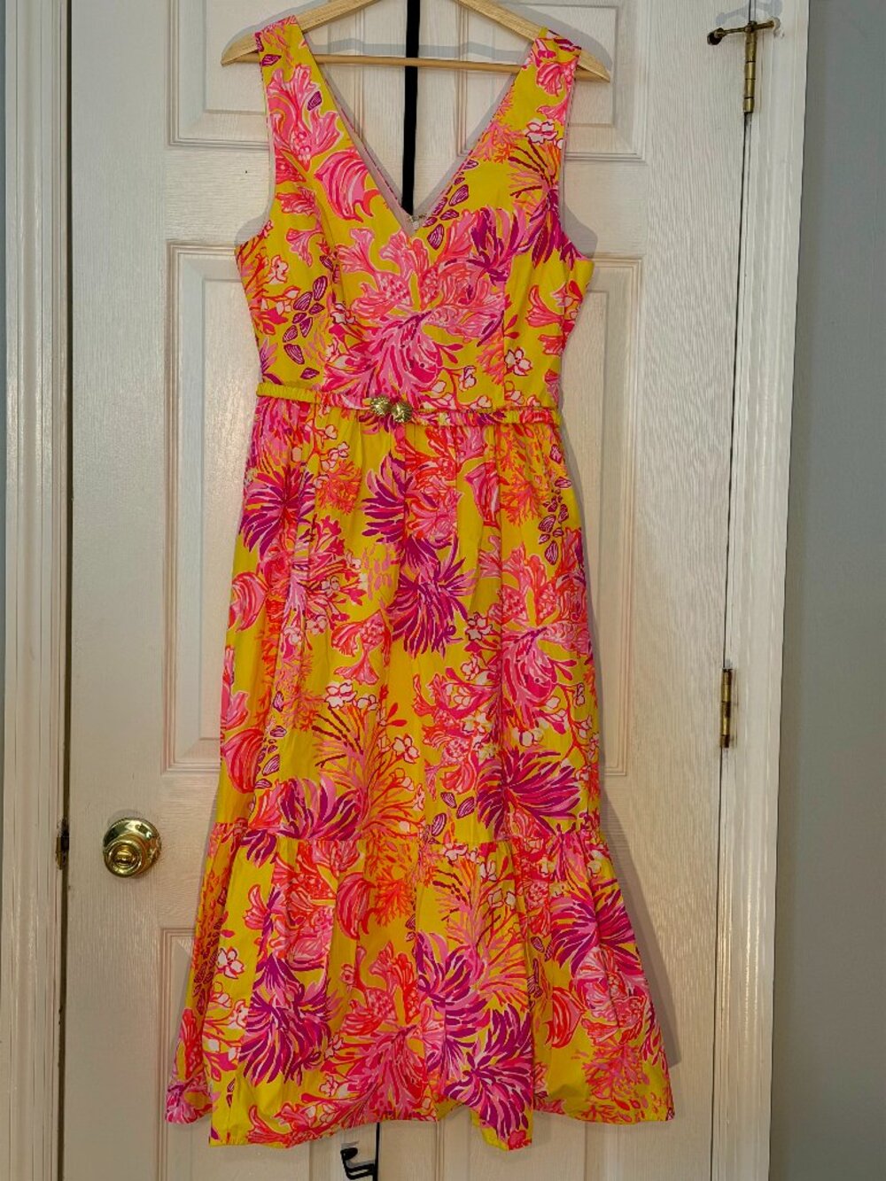 Lilly Pulitzer Bri V-Neck Cotton Midi Dress in Calla Yellow Floral Coral